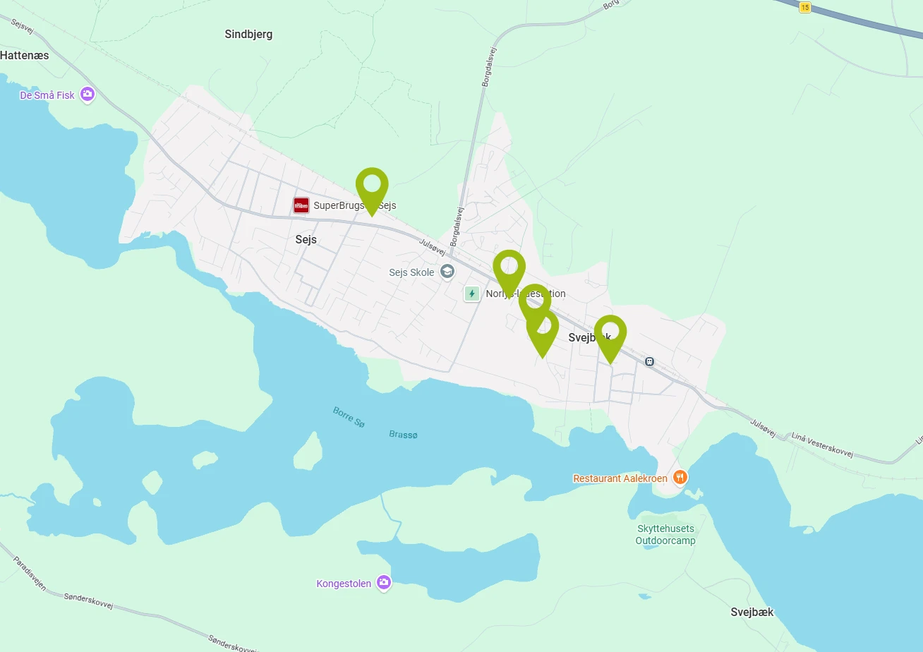 Kort over vores boliger i Sejs Svejbæk