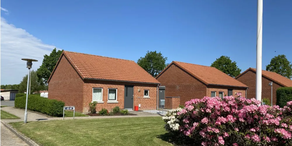 Huse i røde mursten med grønt areal og blomster