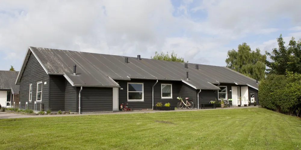 Rækkehuse i træbeklædning i grønne omgivelser